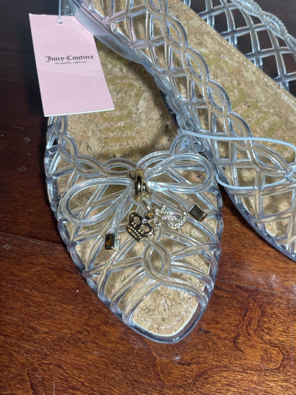 Juicy Couture Jelly Flats Clear Bow Charm Cork Size 10 NWT - Picture 3 of 7